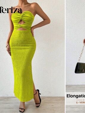 Rafferiza Lime Green Strapless Cut Out Maxi Dress Bodycon Textured